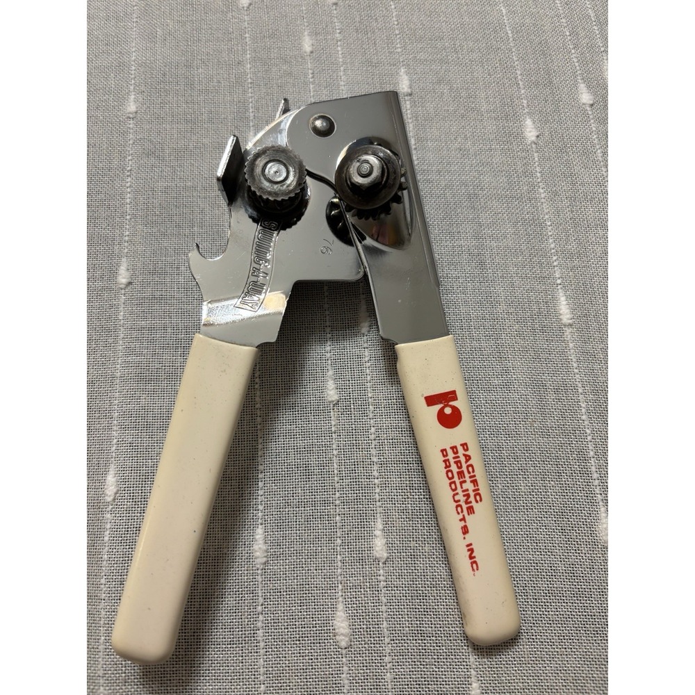 Swing-A-Way Can Opener Ivory Rubber Grips Stainless Steel Made In USA Very Clean